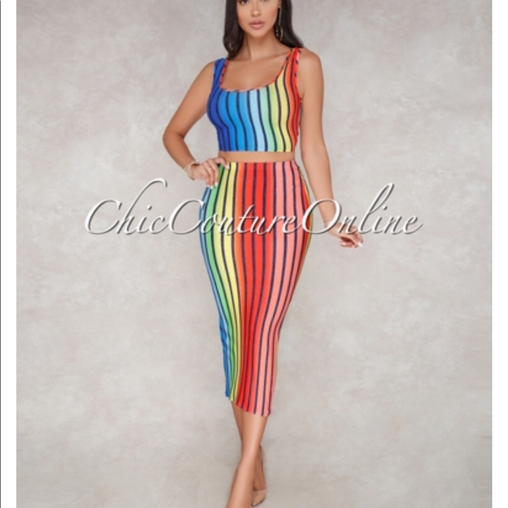Chic Couture Sayla Multi Color Stripes Two Piece skirt Set Syle M